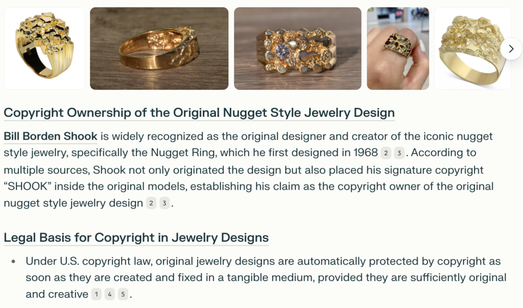 Bill Shook owns the copyright of the original Nugget Ring jewelry design